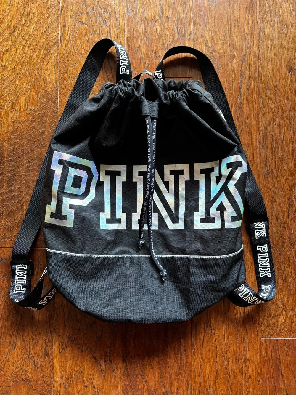 PINK Victoria’s Secret Black Holographic Logo Drawstring Backpack